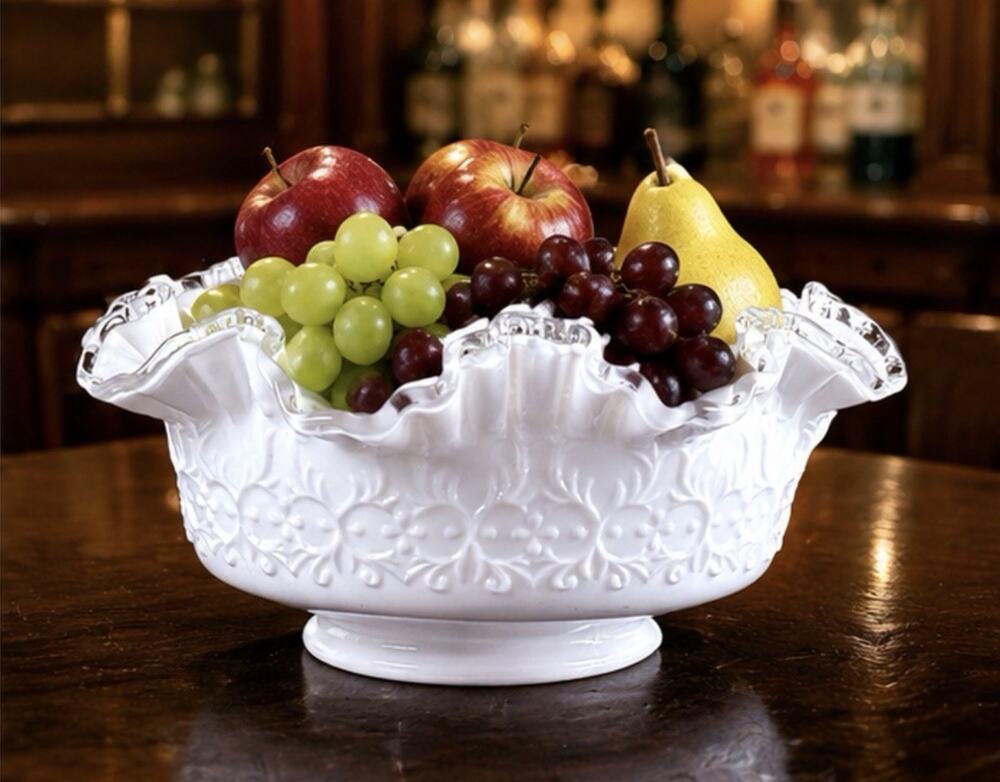 Fenton Fruit Bowl Pedestal Milk Glass Centerpiece Ruffled Clear Crest Floral 9”